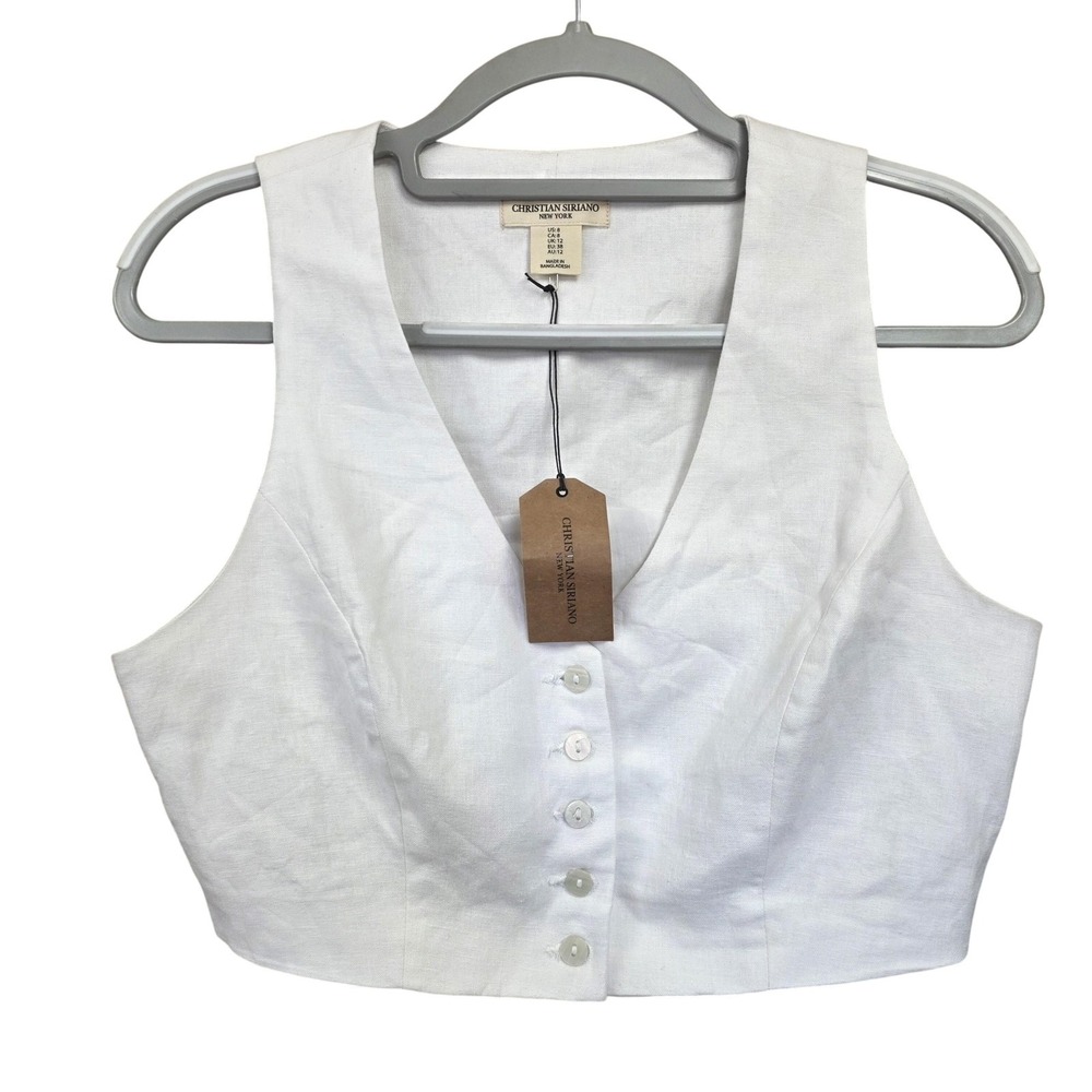 Christian Siriano Linen‎ Crop Top Women 8 White Button V Neck Summer Minimalist